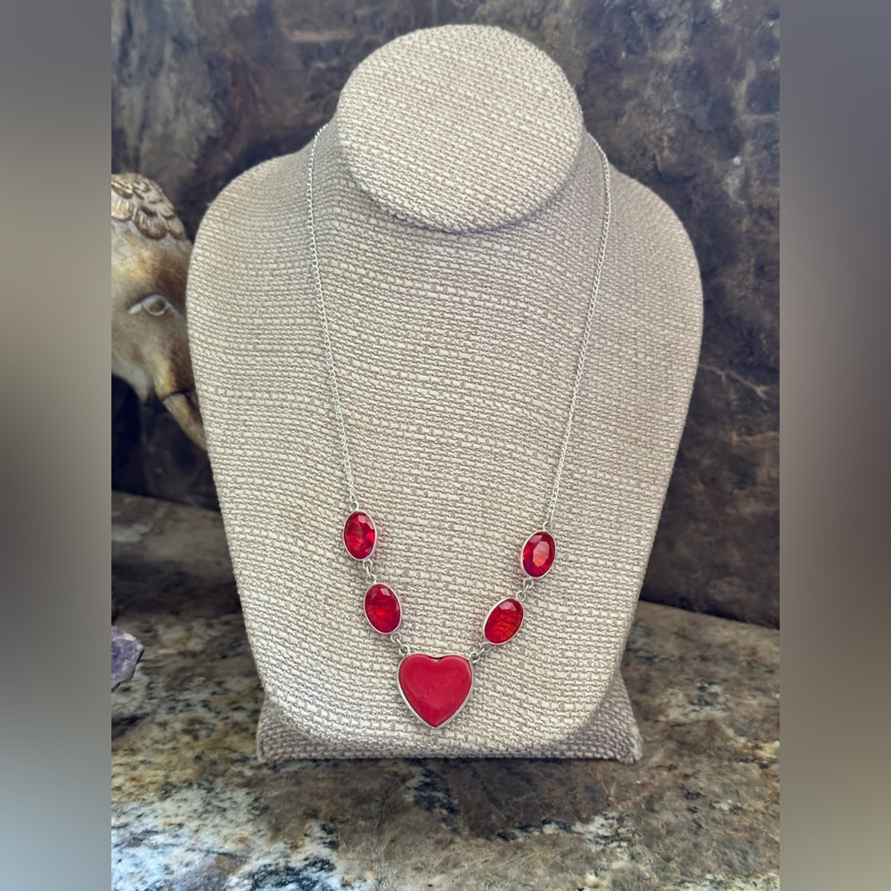 Silver Red Coral Ruby Stone Necklace